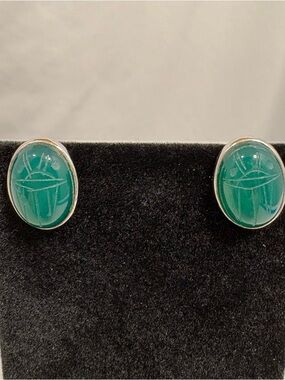 Vintage Green Carved Scarab Beetle Oval Stud Earrings by WRF Sterling Silver